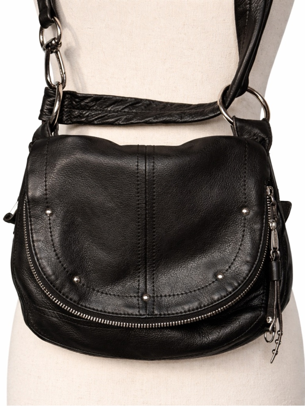B Makowski soft leather, stud flap, wide strap purse crossbody. Leopard lining.